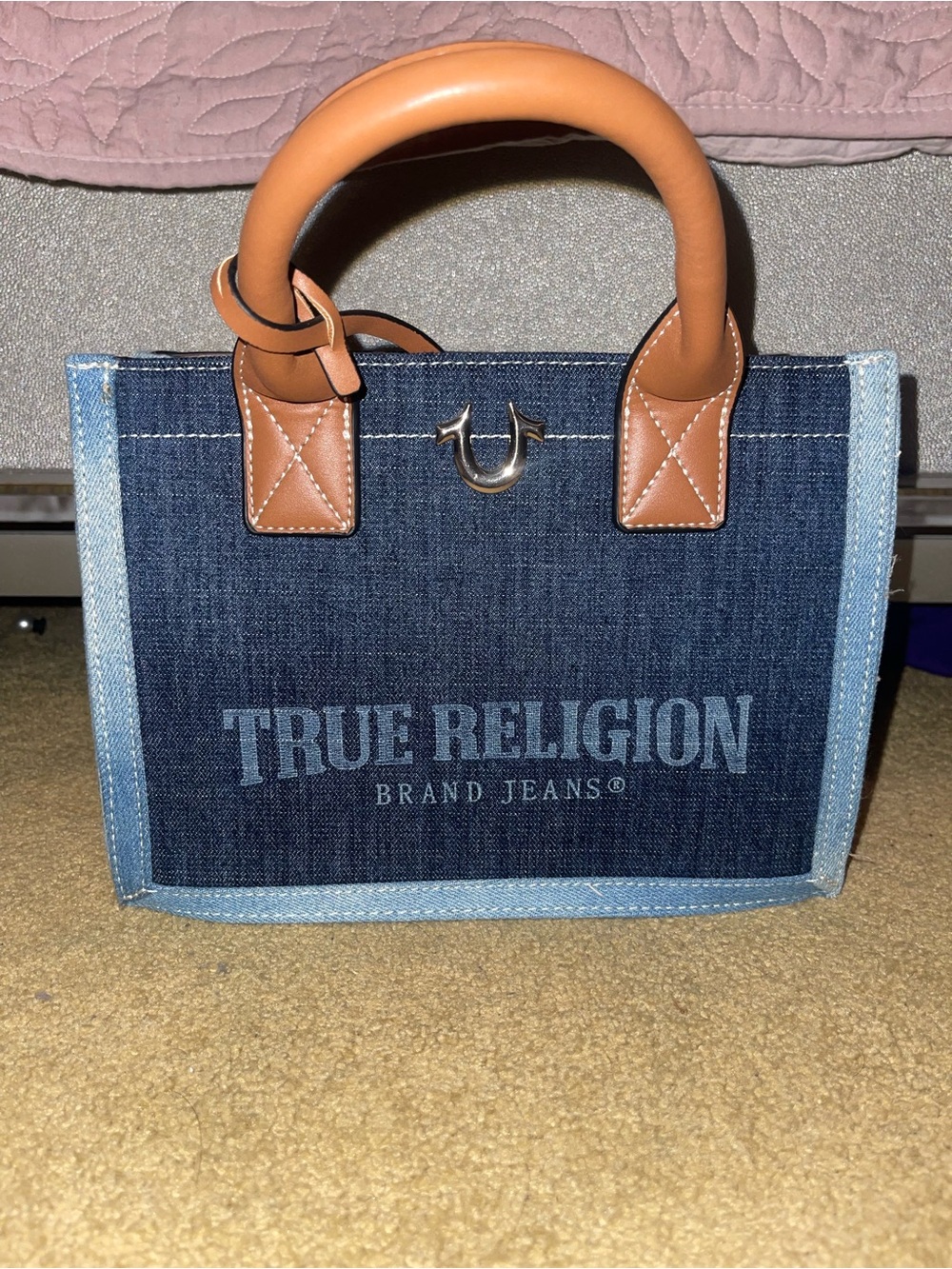 True Religion Dark Denim Tote with Tan Leather Handles